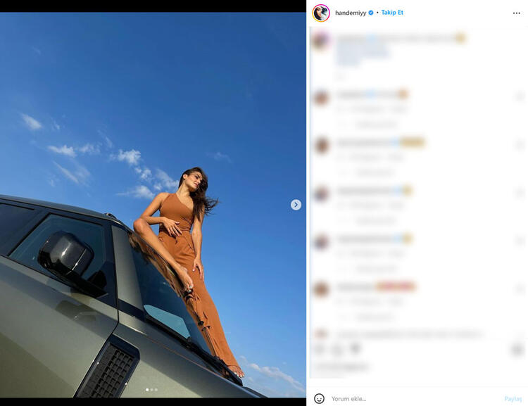 Hande Erçel aracın üzerine çıkıp poz verdi Derin yırtmaçlı kareler Instagramı salladı