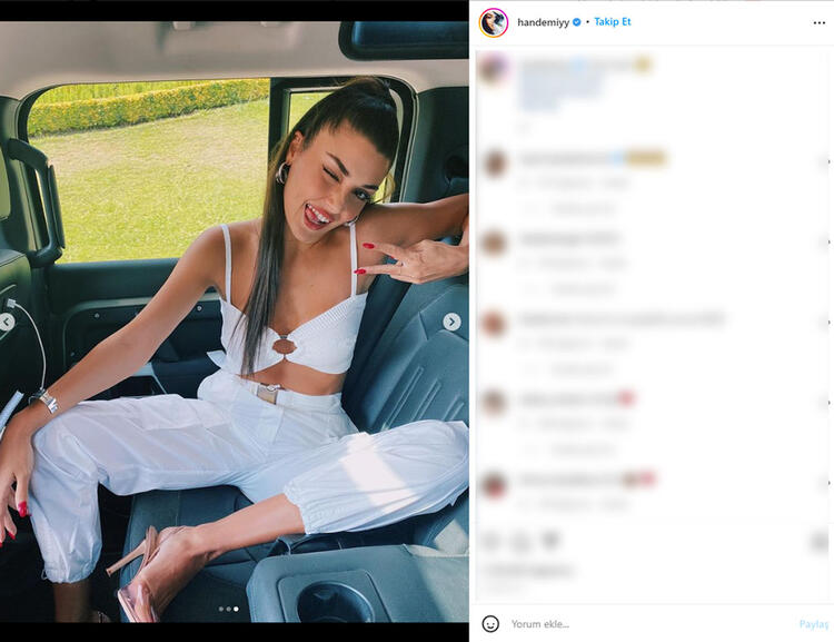 Hande Erçel aracın üzerine çıkıp poz verdi Derin yırtmaçlı kareler Instagramı salladı