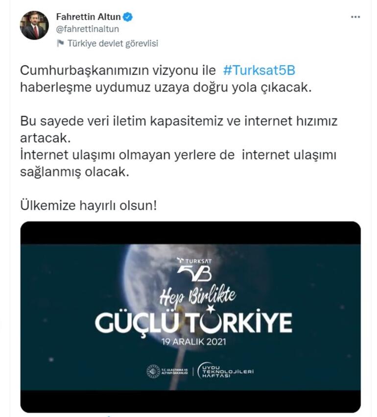 İletişim Başkanı Altundan Türksat 5B paylaşımı