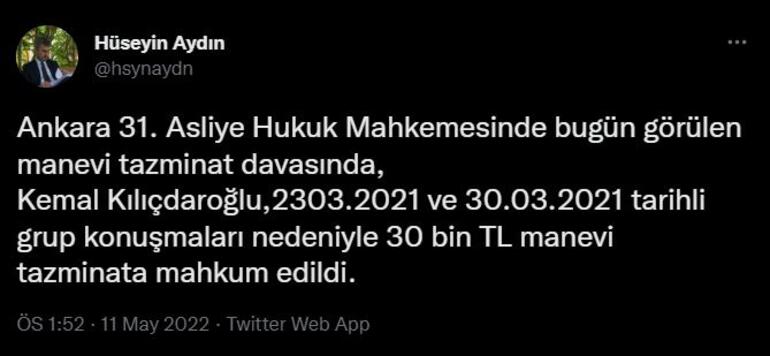 Kemal Kılıçdaroğlu, 30 bin TL tazminata mahkum edildi