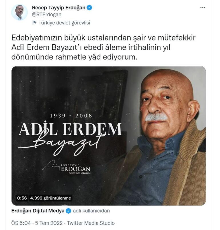 Cumhurbaşkanı Erdoğandan şair Adil Erdem Beyazıt paylaşımı