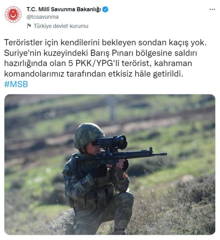 Barış Pınarı bölgesinde 5 PKK/YPGli terörist etkisiz hale getirildi