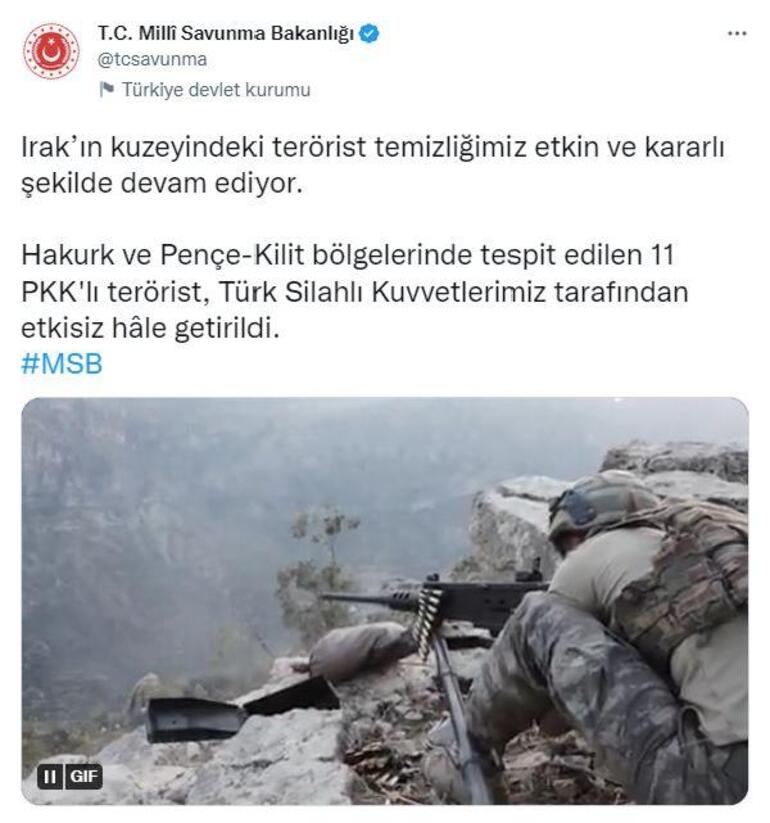 MSB duyurdu 11 PKKlı terörist etkisiz hale getirildi